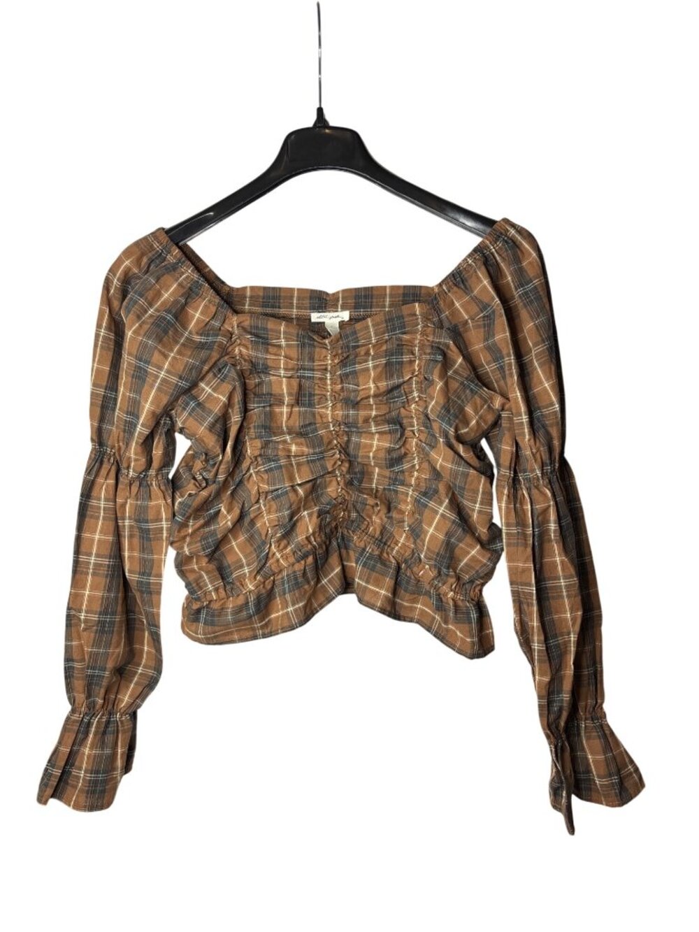 Ultra Pink Juniors Ruched Crop Top Size L Long Sleeve Plaid Neutral Cotton